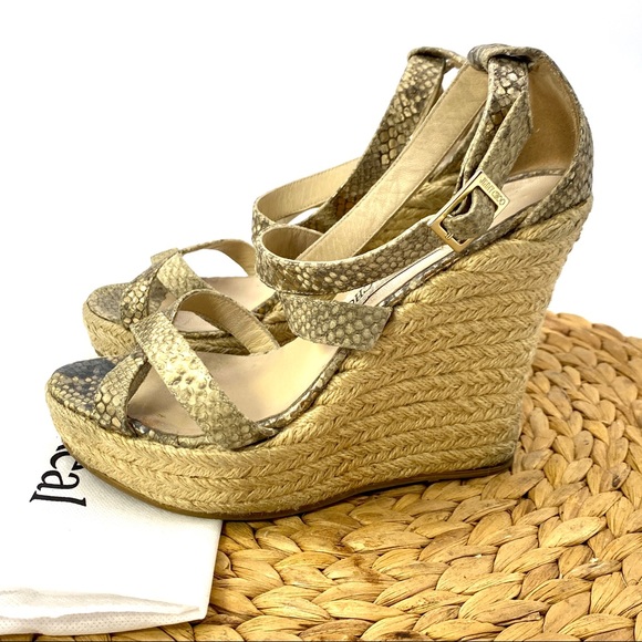 JIMMY CHOO GOLD SNAKE PRINT BUCKLE HIGH WEDGE ESPADRILLE CRISS CROSS HEELS SZ 8 - Picture 3 of 7